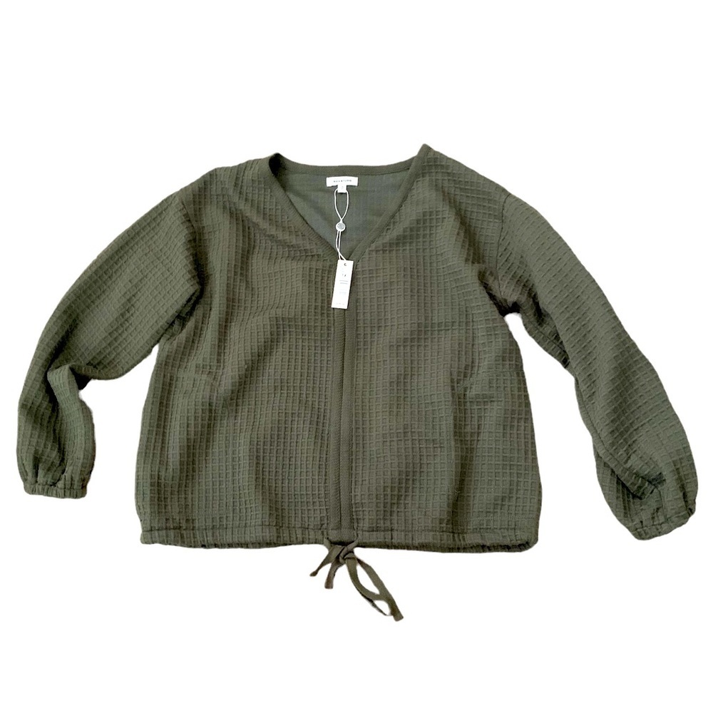 Max Studio | Waffle Print Olive Green Top Scrunched Sleeve New With Tags